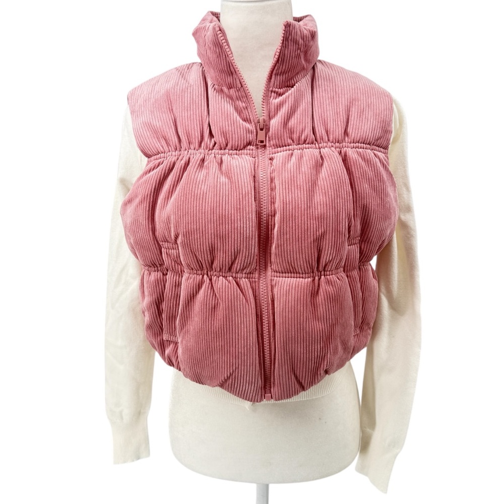 Peony Pink Corduroy Sleeveless Puffer Vest Full Zip